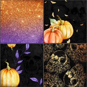 May include: A digital collage of four images. The top left image is a gradient of orange and purple glitter. The top right image is a black background with white bats and gold skulls. The bottom left image is a black background with a white skull and a watercolor pumpkin. The bottom right image is a black background with gold skulls and roses.