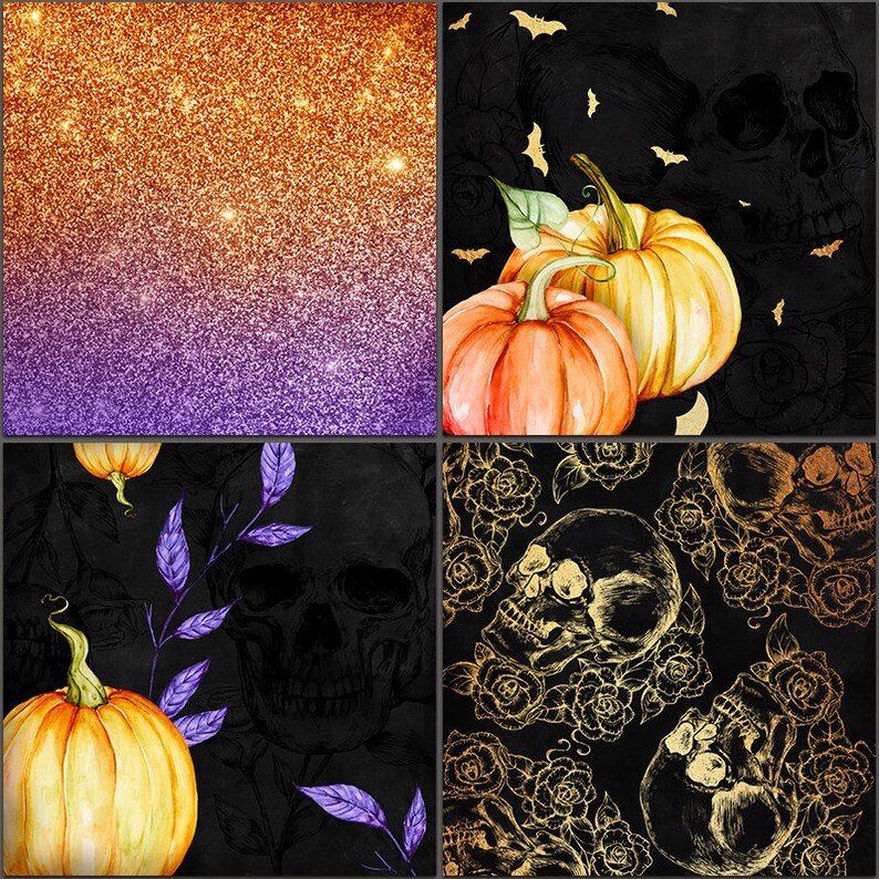 May include: A digital collage of four images. The top left image is a gradient of orange and purple glitter. The top right image is a black background with white bats and gold skulls. The bottom left image is a black background with a white skull and a watercolor pumpkin. The bottom right image is a black background with gold skulls and roses.