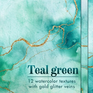 Teal watercolor textures with gold veins, Watercolor digital papers with gold, Gold veins, Paper pack, Teal green watercolor wallpaper, JPG