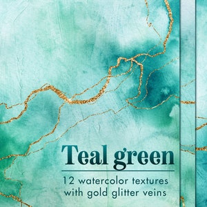 Groenblauwe aquarel texturen met gouden aderen, Aquarel digitaal papier met goud, Gouden aderen, Papierverpakking, Groenblauw aquarelbehang, JPG