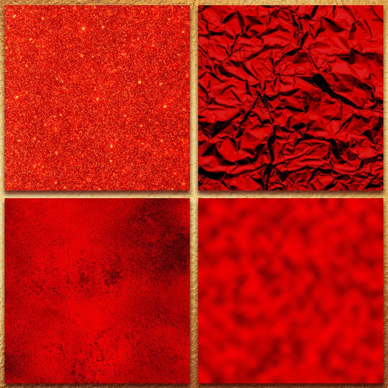 May include: Four red textured backgrounds. The top left background is a red glitter texture. The top right background is a red crumpled paper texture. The bottom left background is a red textured background with a dark red splatter. The bottom right background is a red blurred background.