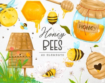 Clipart pszczoły miodnej, Ręcznie rysowane słodkie clipart pszczół, Plaster miodu, Ul, Elementy projektu, Obraz pszczoły, Rysunek pszczoły, Słoik miodu, Przezroczysty png