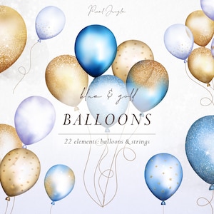 Blauwe en gouden ballon clipart, Gouden ballons, Blauwe ballons, Gouden glitterballonnen, Gouden ontwerpelementen, De ballon van de verjaardag, De ballons van de ster