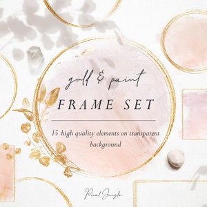 Peut inclure: Un ensemble de 15 cadres dor&eacute;s et aquarelle avec un sch&eacute;ma de couleurs rose et blanc. Les cadres sont sur un fond blanc avec le texte "gold & paint FRAME SET" et "15 high quality elements on transparent background".