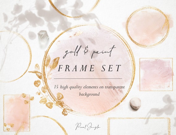 Gold Watercolor Frame Overlays: Floral Geometric PNG (Digital Download)