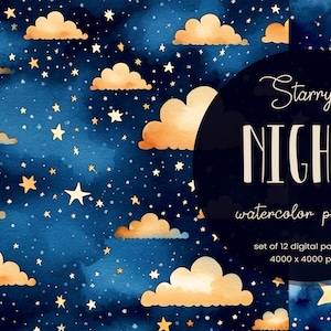 Papel digital aquarela noite estrelada, clipart de papel aquarela, papéis de parede azuis em aquarela, papéis com estrelas brilhantes, estrelas douradas, nuvens
