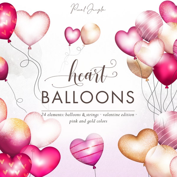 Heart balloons clipart, Love balloons clip art, Balloons with hearts, Gold balloon overlays, Love clipart, Design elements, Transparent PNG
