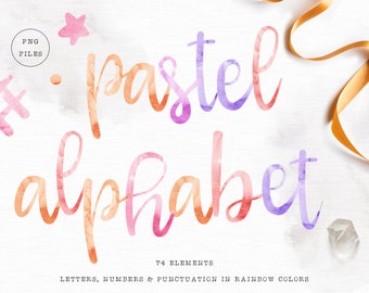 Watercolor Pastel Alphabet Clipart: 74 Letters, Numbers, Symbols (PNG Files)