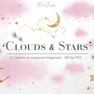 Clipart de nuvens e estrelas rosa, sobreposições digitais de estrelas douradas, lua dourada, clipart de céu noturno, clipart de nuvens rosa, sobreposição celestial, pó de ouro