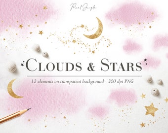 Clipart aquarelle de nuages roses et d'étoiles dorées (téléchargement numérique)