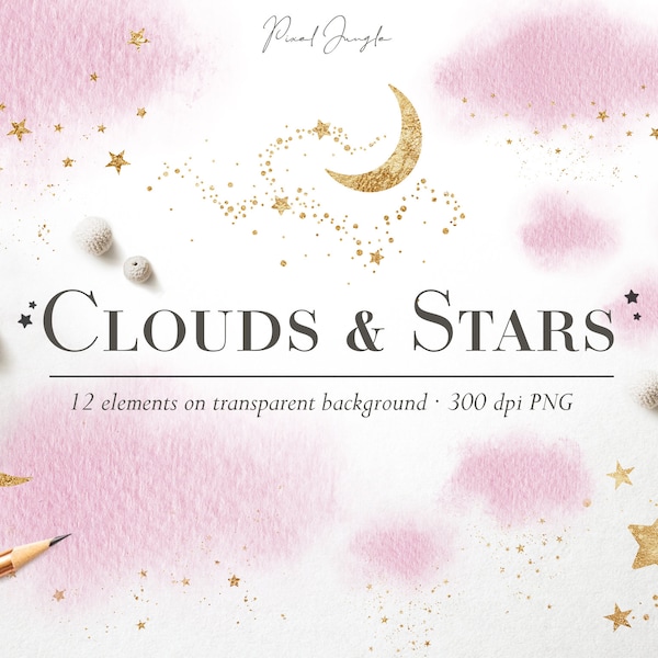 Pink clouds and stars clipart, Gold star digital overlays, Golden moon, Night sky clipart, Pink clouds clipart, Celestial overlay, Gold dust