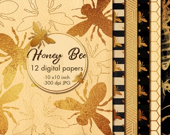 Bumble bee digital paper clipart, Honey paper pack, Honeycomb paper, Gold bee paper, Gold bees, Black digital paper,Instant download