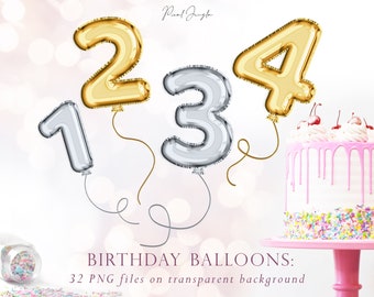 Clipart con numero di palloncino di compleanno: PNG oro e argento (download digitale)