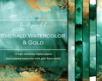 Emerald green digital paper clipart, Watercolor digital papers, Gold papers, Gold floral background, Green watercolor wallpaper, Invitation
