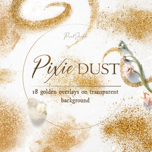 Può includere: Un set di 18 sovrapposizioni di glitter dorati su uno sfondo trasparente. Le sovrapposizioni sono di varie forme e dimensioni e sono perfette per aggiungere un tocco di brillantezza ai tuoi progetti.