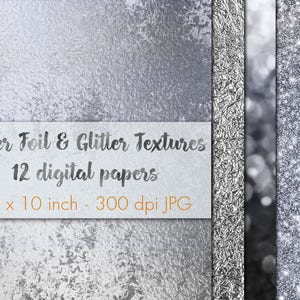 Op de afbeelding: Een set van 12 digitale papieren met zilveren folie- en glittertexturen. Elk papier is 25,4 cm bij 25,4 cm en 300 dpi.