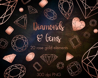 Könnte beinhalten: Zwanzig roségoldene Diamanten- und Edelsteinillustrationen in verschiedenen Formen und Größen. Die Illustrationen befinden sich auf einem dunklen Hintergrund mit dem Text "Diamonds & Gems 20 rose gold elements 300 dpi PNG".