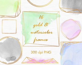 May include: Set of 16 watercolour and gold frames. The frames are in various shapes, including circles, squares, and geometric shapes. The watercolour backgrounds are in shades of green, grey, pink, and blue.