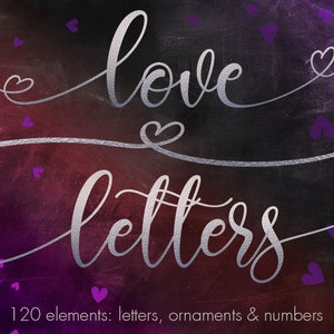 May include: Silver script font with the words "love letters" and 120 elements: letters, ornaments & numbers. The background is a dark purple and red gradient with scattered purple hearts.