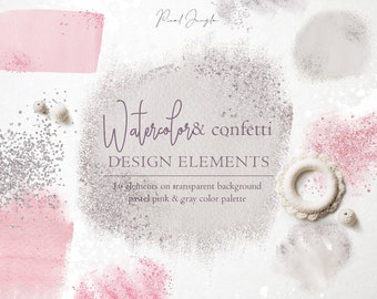 Watercolor Brush Strokes Clipart: Pink & Silver Confetti (PNG)