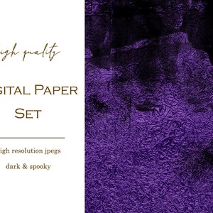 May include: A digital paper set with a purple and black crumpled foil texture. The text "high quality DIGITAL PAPER SET high resolution jpegs dark & spooky" is on the left side of the image.