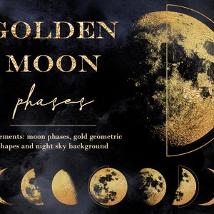 Gold Mondphasen Clipart, Geometrische Formen, Mondphase, Blauer Hintergrund, Nachthimmel, Kosmische Clipart, Blaue Tapete, Mond Clipart, Goldfolie