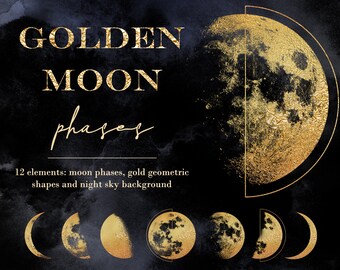 Gold Moon Phases Clipart: Geometric Night Sky (Digital Download)
