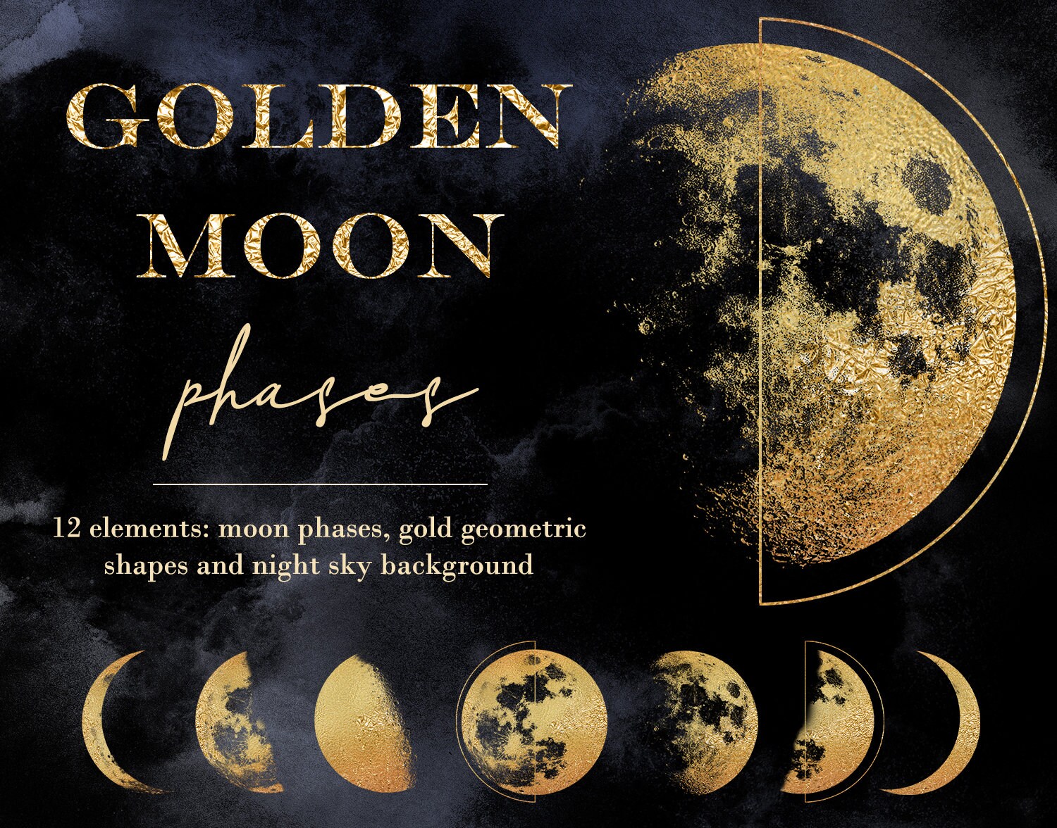 Gold moon phases clipart Geometric shapes Moon phase Blue | Etsy