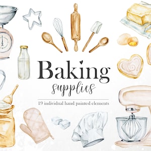 Clipart de padaria em aquarela, utensílios de cozinha pintados à mão, clipart de cozinha, clipart de alimentos, materiais de panificação, logotipo da padaria, sobreposições PNG