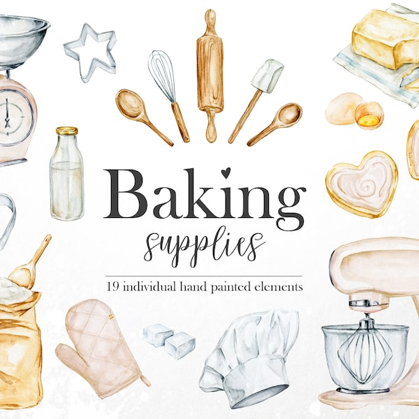 Watercolor bakery clipart, Hand painted kitchen utensils, Cooking clipart, Food clipart, Baking supplies, Bakery logo, PNG overlays