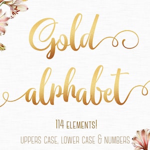 Fonte dourada, clipart de alfabeto dourado, alfabeto de folha de ouro, clipart de letras douradas, números dourados, clipart de tipografia dourada, letras douradas, metálico