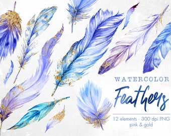 Watercolor Feathers Clipart: Hand-Painted Gold Feather PNGs (Digital Download)