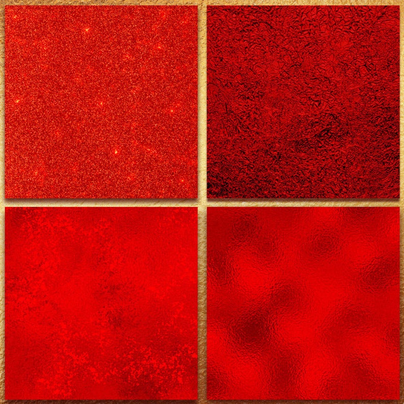 May include: Four red textured backgrounds with different patterns. The top left background has a sparkly glitter texture. The top right background has a rough, textured surface. The bottom left background has a subtle, textured surface. The bottom right background has a smooth, metallic texture.