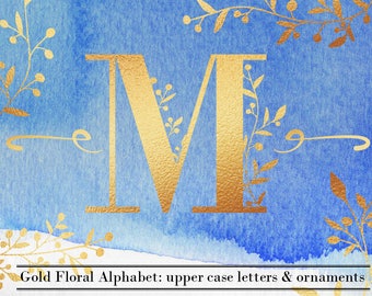 Złoty monogram alfabet clipart, Złota czcionka, Złoty alfabet ślubny, Złoty alfabet, Złote kwiatowe litery clipart, Ślubny monogram clipart