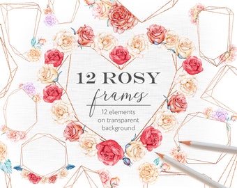 Roségouden geometrische frames clipart: aquarelrozen (digitale download)