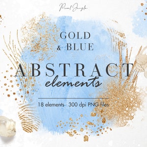 Puede incluir: Conjunto de elementos abstractos digitales en oro y azul. 18 elementos, archivos PNG de 300 dpi.