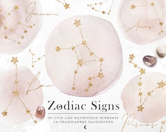Gold Zodiac Constellations Clipart: Beige Watercolor Astrology (PNG)