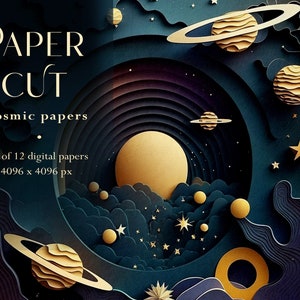 Kosmische Papierschnitthintergründe, galaktische Papierschnittdesigns, kosmische digitale Papiere, himmlische Tapeten, Weltraumhintergründe, Scherenschnittstern