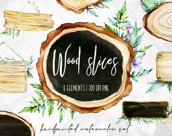 Wood slices clipart, Floral frames, Watercolor wooden slices, Wedding frames clipart, Invitation clipart, Watercolor wood clipart, Leaves