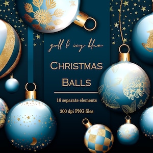 Blue and Gold Christmas Baubles Clipart (PNG)