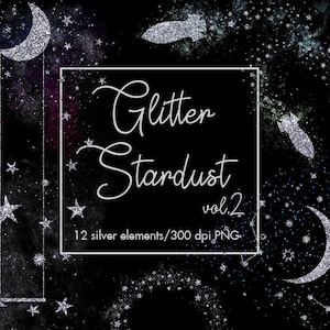 Clipart de poeira estelar prateada, clipart de estrelas prateadas, lua prateada, pó mágico, sobreposições de estrelas, céu noturno, clipart de galáxia, clipart de estrela, foguete