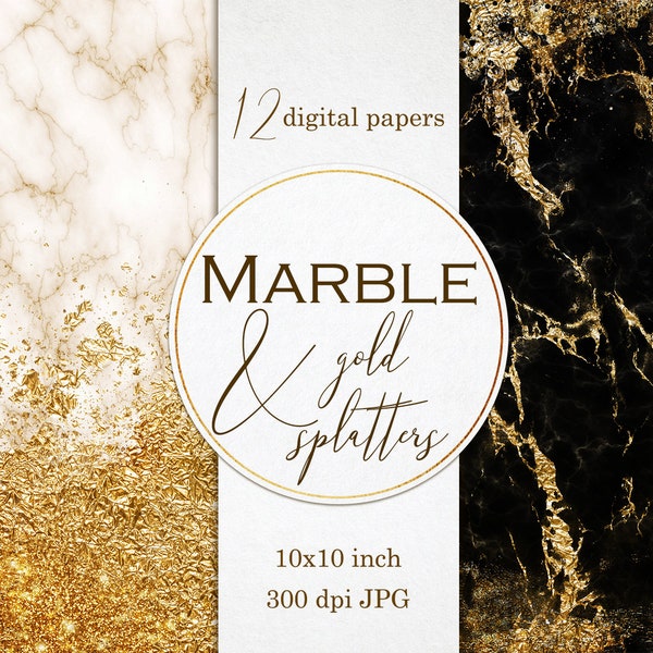 Gold and marble digital paper, Paper pack, Gold and black papers, Gold backgrounds, Abstract textures, Marble texture, Marble digital paper