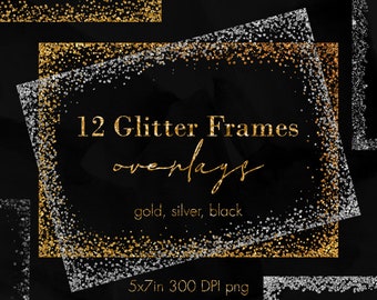 5x7 Confetti frames clipart, Gold frames, Silver frames, Glitter confetti, Frame overlays, Frame clipart, Digital frame, Invitation
