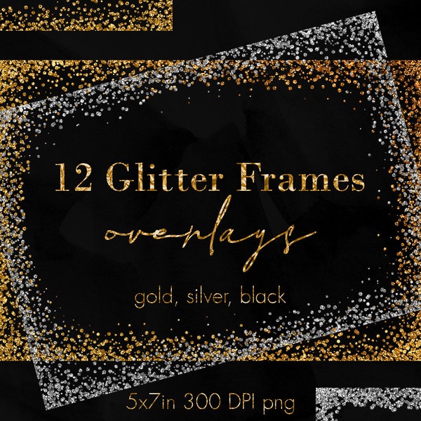 5x7 Confetti frames clipart, Gold frames, Silver frames, Glitter confetti, Frame overlays, Frame clipart, Digital frame, Invitation