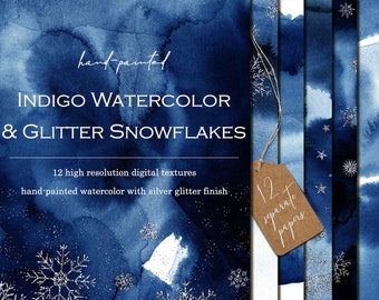 Deep blue digital paper clipart, Watercolor digital papers, Silver snowflakes, Navy background, Watercolor wallpaper, Winter, Christmas, JPG