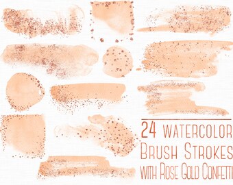 Brush strokes with rose gold confetti, Rose gold design elements, Watercolor brush strokes clipart, Watercolor banner, Rose gold clipart