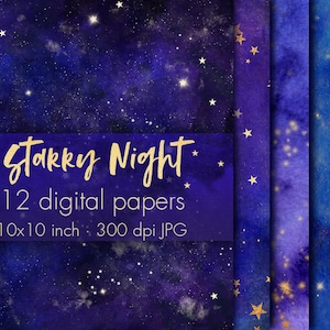 Céu noturno clipart digital de papel, Papel de parede de céu noturno, Fundo de céu noturno, Fundo de estrelas, Papel de parede de estrelas, Padrão cósmico, Noite estrelada