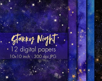 Clipart de papel digital de cielo nocturno, fondo de pantalla de cielo nocturno, fondo de cielo nocturno, fondo de estrellas, fondo de pantalla de estrellas, patrón cósmico, noche estrellada