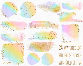 Watercolor brush strokes clipart, Gold glitter brush strokes, Rainbow brush strokes clip art, Watercolor paint splatters,Paint splashes,png