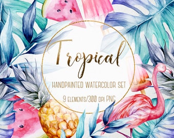 Watercolor tropical clipart, Hand drawn watercolor fruits, Ice cream clipart, Flamingo clipart, Watermelon clipart, Pineapple clipart, png